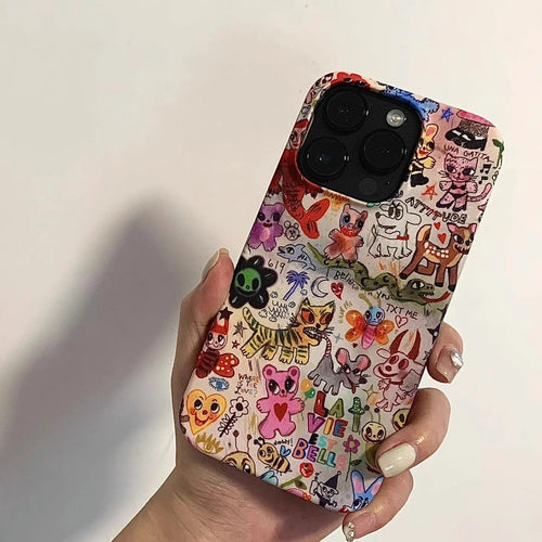 Cute Cartoon Graffiti Animals Phone Case for Iphone 16 15 14 13 Pro Max Back for 12 Mini 11 Pro plus 8 7 X XS Acrylic Cover