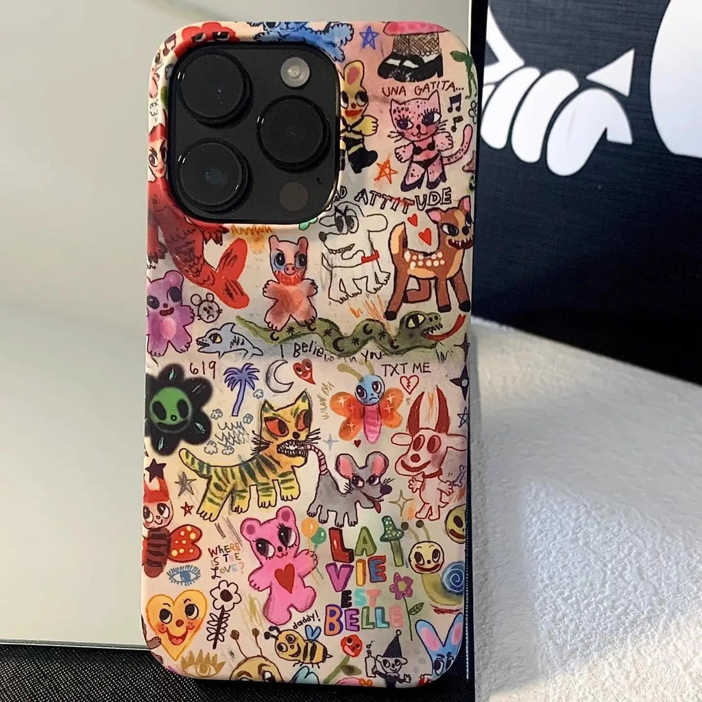 Cute Cartoon Graffiti Animals Phone Case for Iphone 16 15 14 13 Pro Max Back for 12 Mini 11 Pro plus 8 7 X XS Acrylic Cover