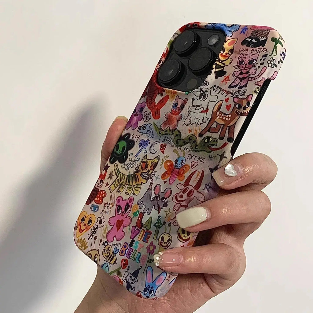 Cute Cartoon Graffiti Animals Phone Case for Iphone 16 15 14 13 Pro Max Back for 12 Mini 11 Pro plus 8 7 X XS Acrylic Cover